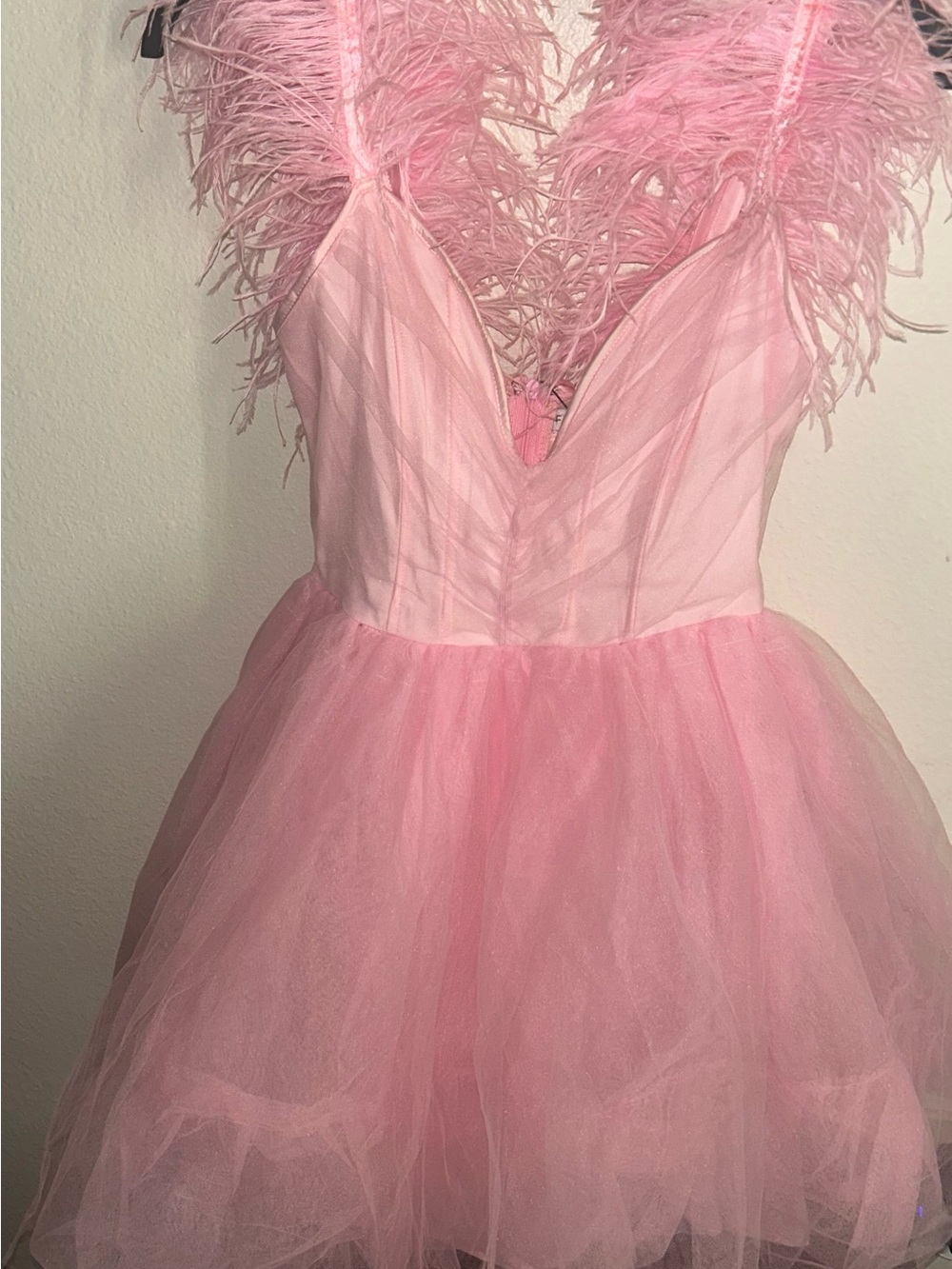 Fashion Nova Pink Feather-Trim Tulle Midi Dress heels included